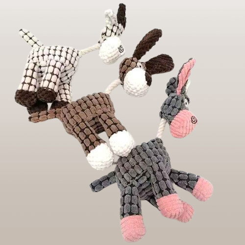 Brinquedo de pelúcia em forma de burro para cães – divertido, com apito e textura de veludo cotelê, ideal para mastigar, treinar e entreter filhotes e cachorros.