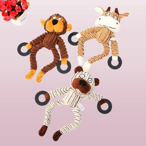 Brinquedo de pelúcia em forma de burro para cães – divertido, com apito e textura de veludo cotelê, ideal para mastigar, treinar e entreter filhotes e cachorros.